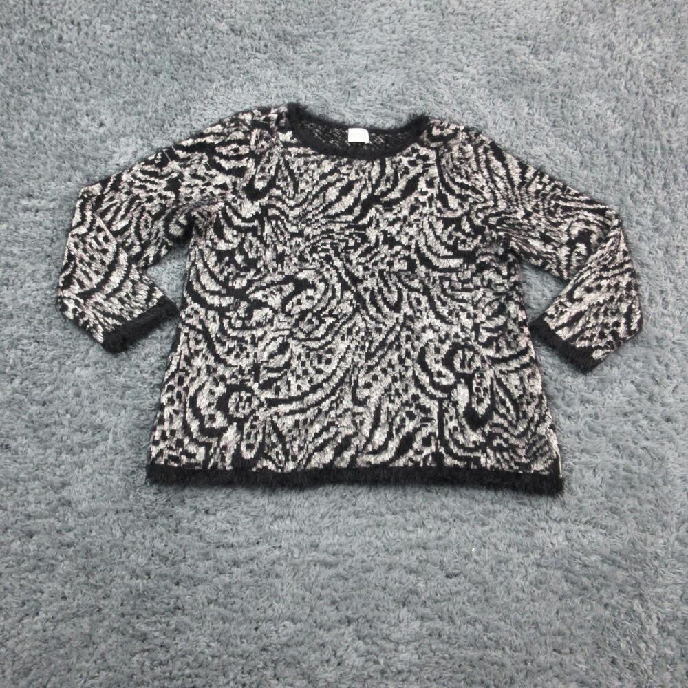 Chicos Sweater Womens Large Black White Fuzzy Textured Pullover Long Sleeve Boho